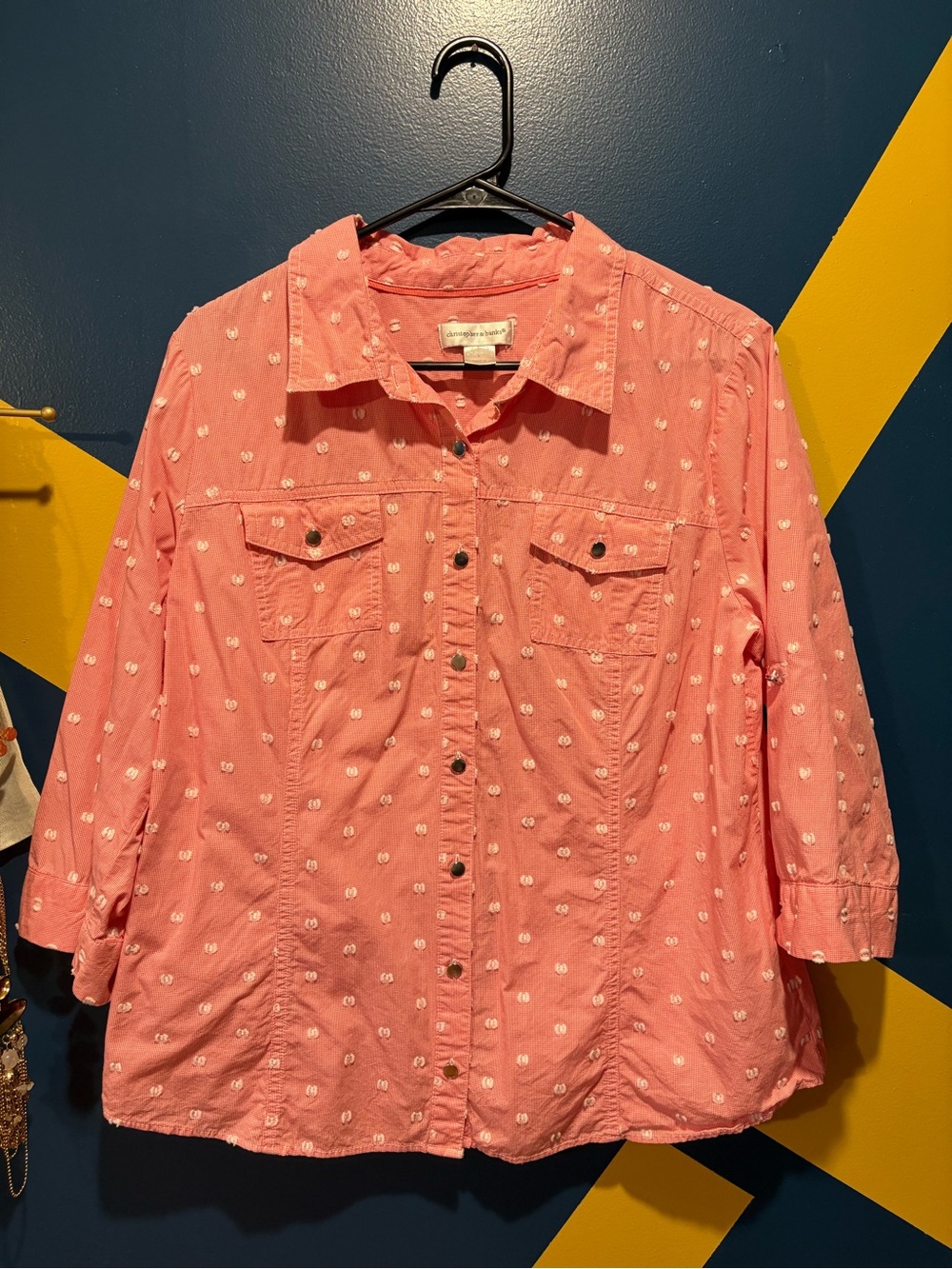 Christopher & Banks Pink & White Dot Textured Button Up Shirt NWOT